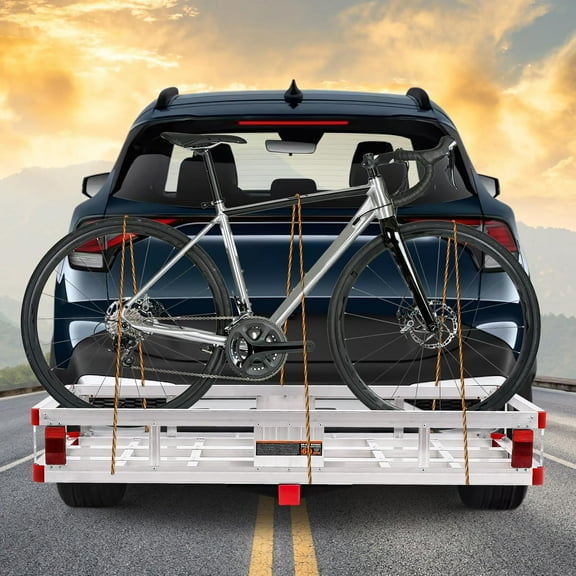 50" x 30" Trailer Hitch Mount Cargo Basket Carrier with 41.5" Ramp, Aluminum Cargo Carrier for RV's, Trucks, SUV's, Vans, Cars 750 lb Capacity, Fit 2" Hitch Receiver