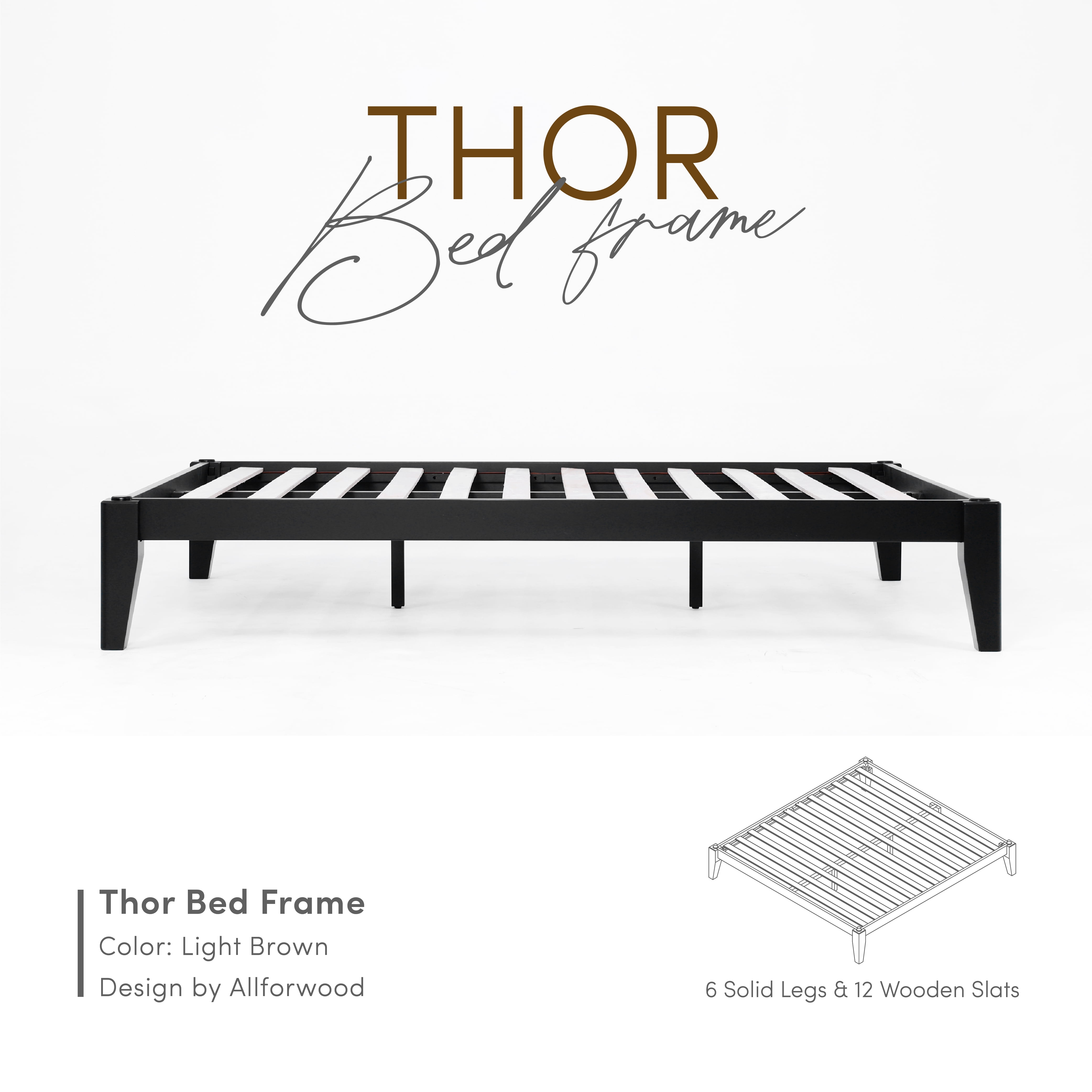 allforwood Thor Solid Wood Bed Frame - Queen Size - Japanese Joinery Bed Frame - Wood Slat Support - No Box Spring Needed - Easy Assembly - Minimalist & Modern Style (Midnight Charcoal, Queen)