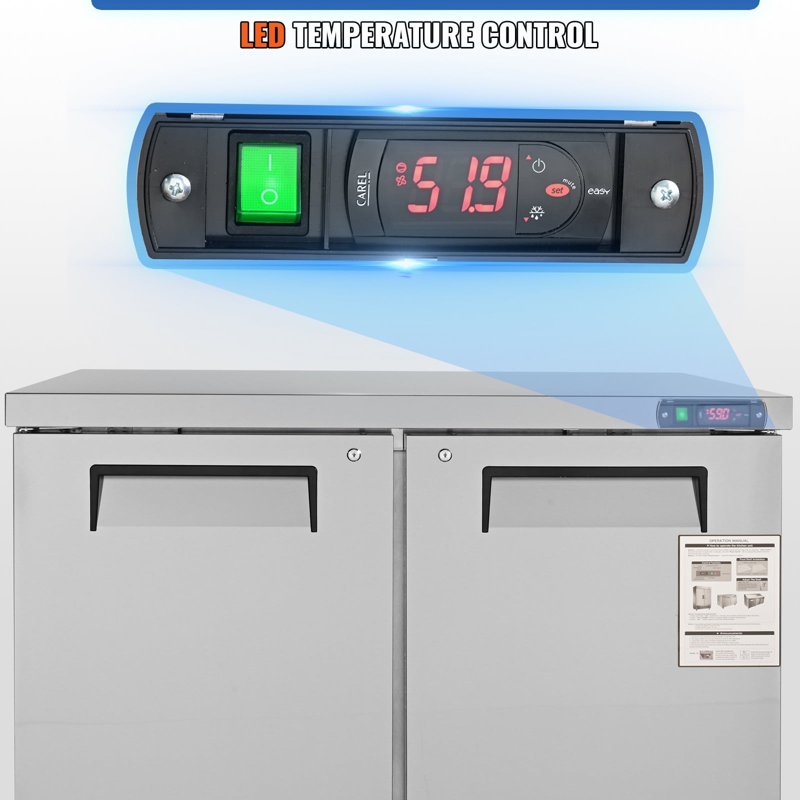 KFFKFF Commercial Undercounter Refrigerator, 48" Worktop Refrigerated Food Prep Station, 12.85 Cu. Ft Durable Stainless Steel 2-Door Fridge with Lock for Restaurants, Bars, and Diners