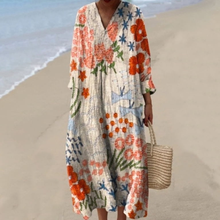 boho jane dress Wardrobe Bohemian Floral Print Long Sleeve Maxi Dress, V Neck Loose Fit Shirt Dress, Orange Casual Vacation Outfit, 1 Piece, S-5XL Plus Size Friendly Size:34W x 34L
