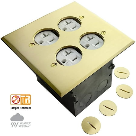 ENERLITES Floor Box Kit - Square, Dual 2 Gang 20A Tamper / Weather Resistant Duplex Receptacles, UL Listed, 975510-C, Brass