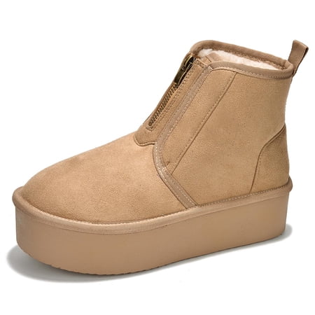 Cape Robbin Women Ankle Boots Flat Heel Platform Flatform Round Toe Warm Fur Front Zipper Light Weight Booties MIANE Beige Khaki Suede 10
