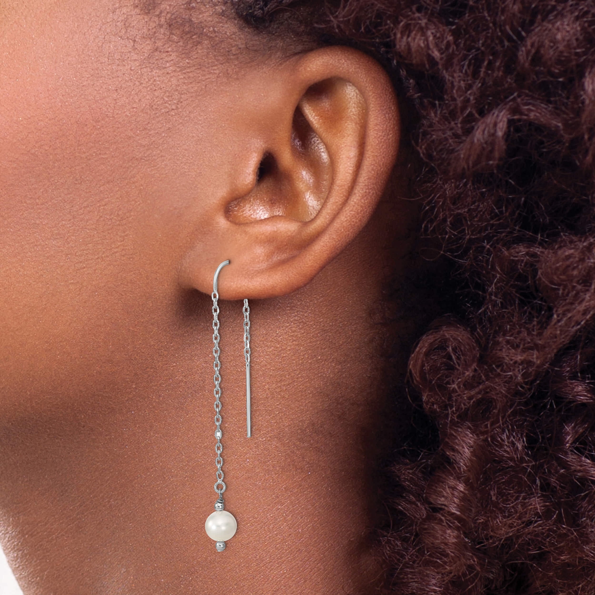 Sterling Silver Rhodium-Plated 6-7mm White Fwc Pearl Threaded Earrings (61 X 6.23) Made In Canada qe13083