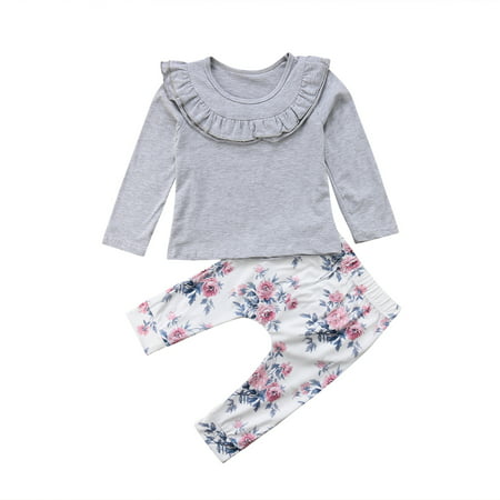 Baby Girls Long Sleeve Solid Color Ruffle Top and Floral Pants Outfit Set 2pcs Fall Winter Clothes