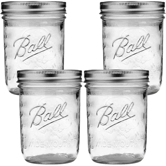 Wide Mouth Mason Jars 16 oz - (4 Pack) - Ball Wide Mouth Pint 16-Ounces ...