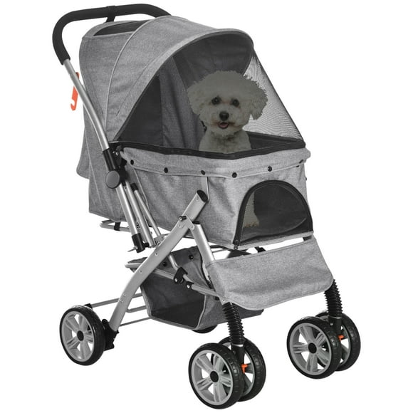 PawHut 4 Wheels Pet Stroller w/ Reversible Handle, Foldable Travel Carriage