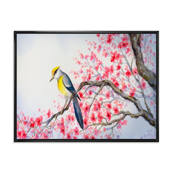 Beautiful Red Bird Sitting On Flowering Branch II 20 in x 12 in Framed Painting Canvas Art Print, by Designart
