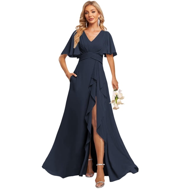 Vestido de dama de honor Deamify, cuello en V, gasa fruncida, línea A, 26 W