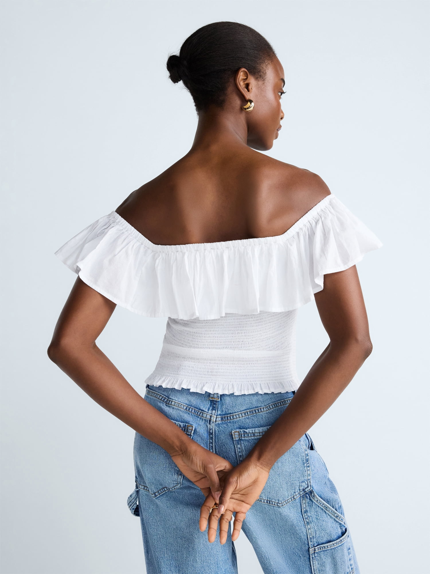 Scoop Women’s and Women’s Plus Off-the-Shoulder Smocked Ruffle Cotton Top, Sizes XS-4X
