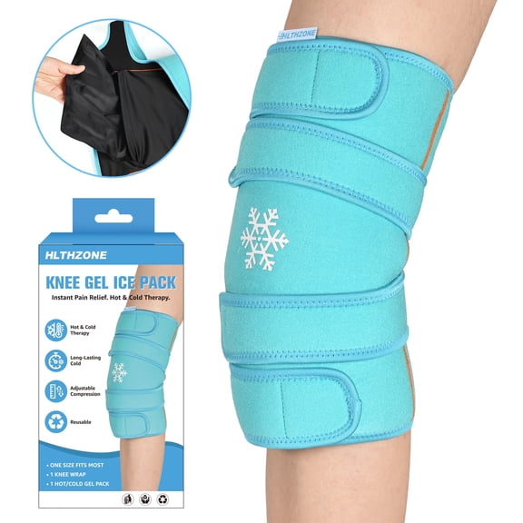 HLTHZONE Reusable Knee Ice Pack Wrap, 360°Compression Hot Cold Gel Knee Brace for Pain Relief, Adjustable Full Coverage Ice Wrap for Knee Injuries, Swelling, 1 Pack Blue