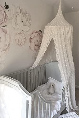 Elegant Kids Bed Canopy - Lace Chiffon Netting with Pom Pom, Princess Girls Fairy Dream Tent, Nursery Room Baby Crib Hanging Curtain Mosquito Net Children Reading Nook Decoration (White)