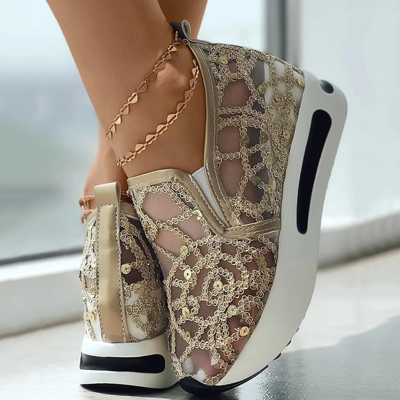 Dakaela Platform Wedge Sneakers for Women Hidden High Heels Slip on Loafers Walking Work Shoes Gold 6