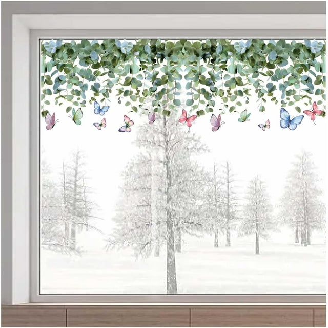 Calcomanías para ventanas de 37 x 114 cm con diseño de flores de vid, hojas verdes, plantas y mariposas, grandes, estáticas, anticolisiones, decorativas, no adhesivas.