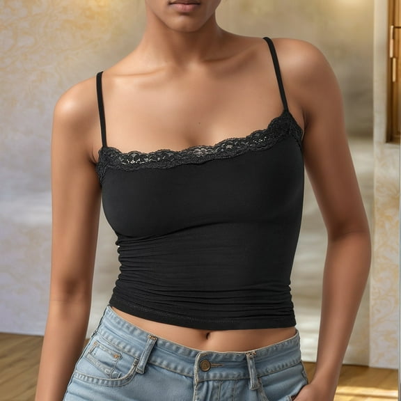 Womens Tank Tops Lace Square Neck Solid Color Spaghetti Straps Camis Trendy Sleeveless Summer Tees 2026