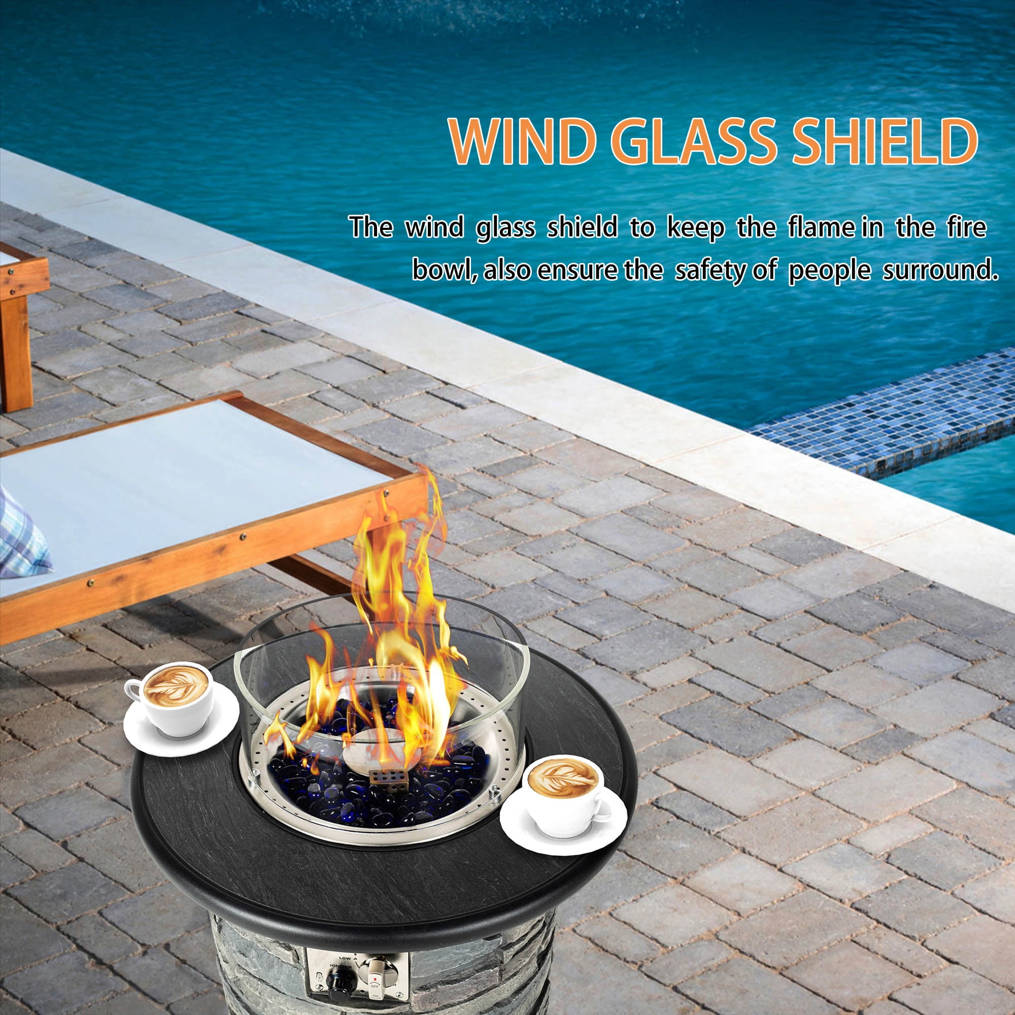BAIDE HOME 22" Column Outdoor Propane Fire Pit, 40,000 BTU Round Gas Fire Bowl with Porcelain Tile Top, Wind Glass Shield, Glass Rocks, Cover