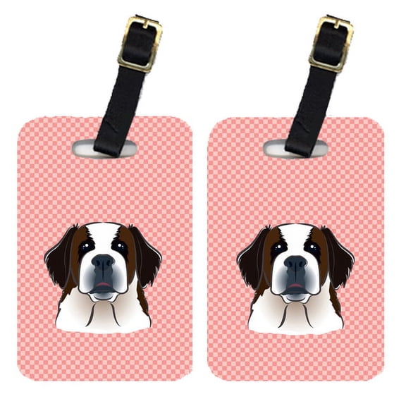 Caroline's Treasures Pair of Checkerboard Pink Saint Bernard Luggage Tags BB1246BT