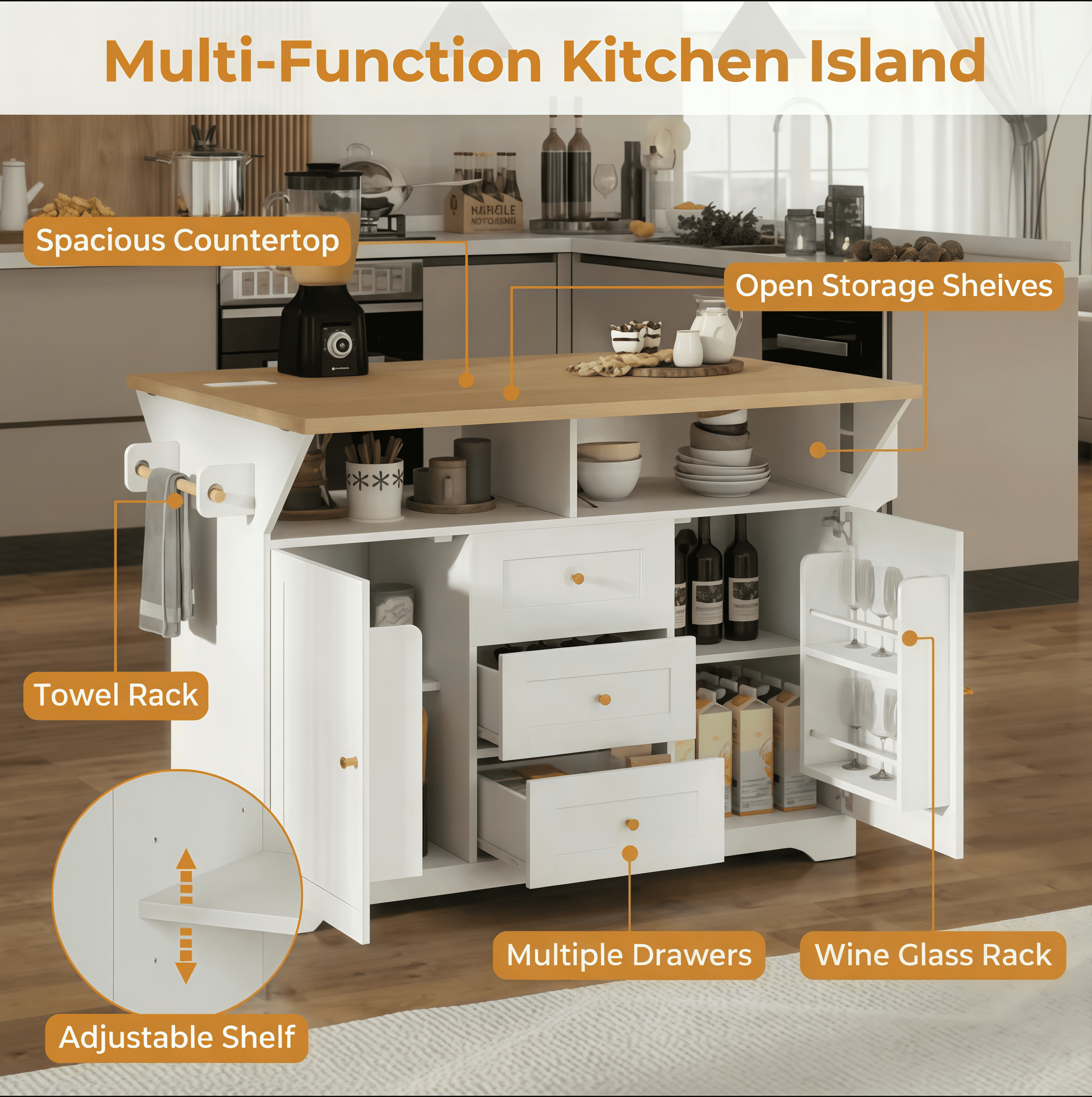 RIGO 47 Inch Rolling Kitchen Island with Drop Leaf Extendable Top, Built-in US Power Ports, Storage Drawers Cabinets, Side Spice Towel Rack, Mobile Prep Island for Kitchen Dining
