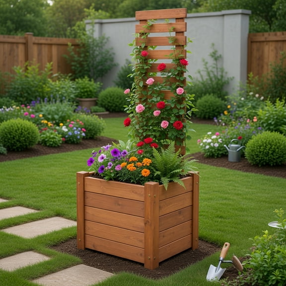 Resenkos Outdoor Wooden Raised Garden Bed with Trellis – Natural Solid Wood Planter Box for Vegetables, Herbs & Climbing Plants – 16" x 16" x 48" with Drainage Base & Decorative Privacy Screen