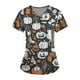 thumbnail image 1 of Camiseta de manga corta con cuello en V y temática de Halloween para mujer: estampado espeluznante de calabaza y telaraña, 1 of 3