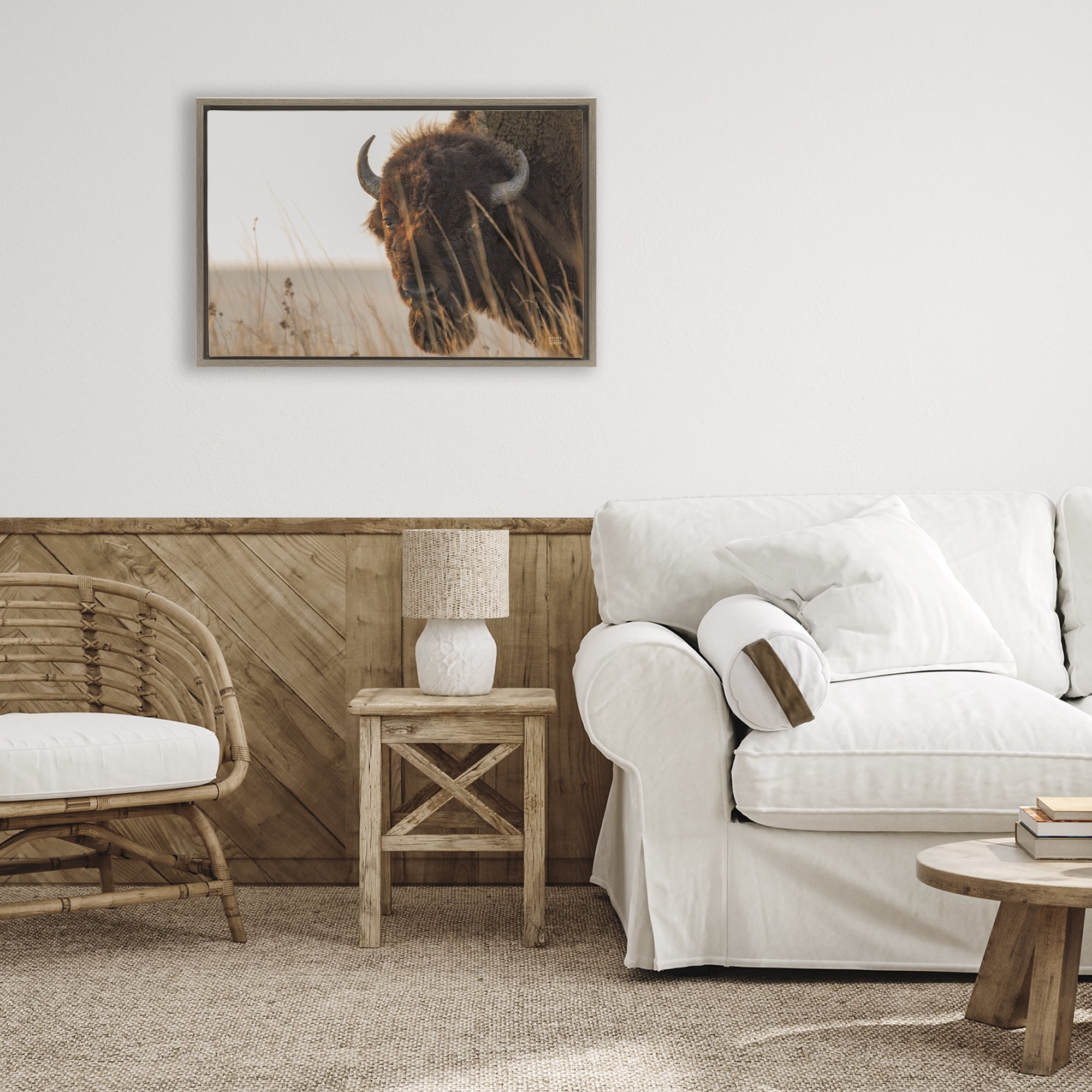 Stupell Industries Bison Sunset on Golden Prairie Brown Framed Floater Canvas Wall Art, design by Nathan Larson