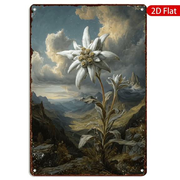 8x12 Inch Metal Wall Art Vintage Edelweiss Flower Mountain Landscape Tin Style Decor 1pc for Home Office Living Room
