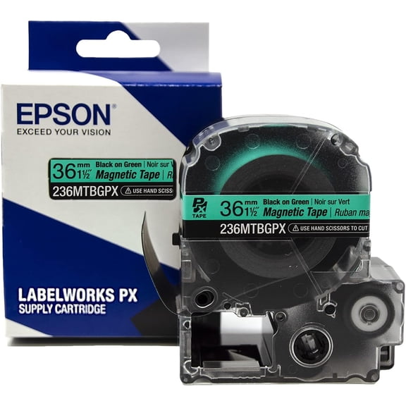 Epson LABELWORKS 236MTBGPX-4.9 - Black on Green Magnetic Label Maker Tape - 1.5" (36MM) Wide, 4.9'