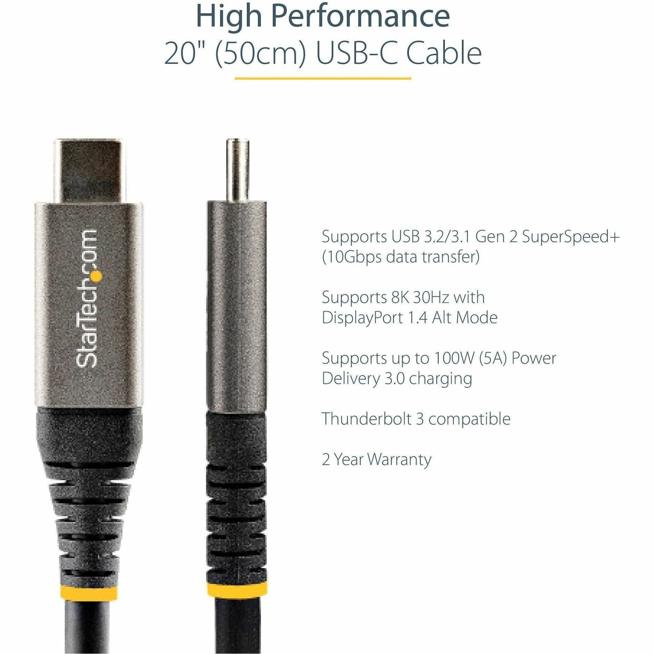 Startech.com 20in 50cm Usb C Cable 10gbps, Usb-if Certified Usb-c Cable, Usb 3.1/3.2 Gen 2 Type-c Cable, 100w (5a) Delivery , Dp Alt Mode, Usb C To C Cord, & Sync - Thunderbolt 3 Compatible