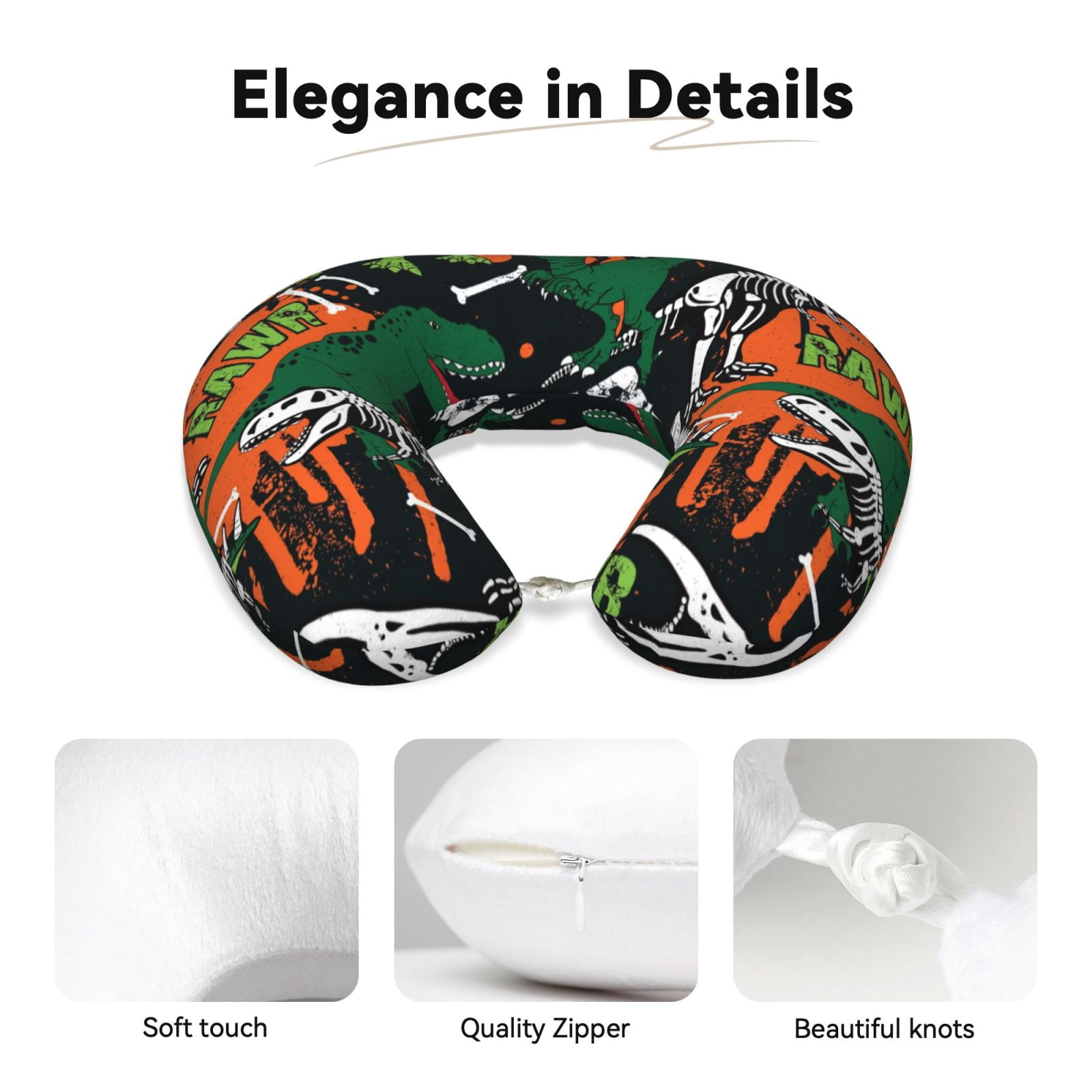 Xecao Dinosaur Skeleton Print Memory Foam Cervical Neck Pillow Versatile U-Shaped Pillows for Home,Office,Camping,Travelling,Soft Washable Cover