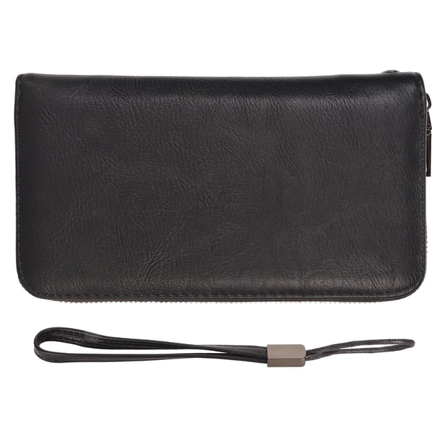 Cartera para tarjetas de crédito con 36 ranuras para tarjetas, de piel sintética, con cremallera larga y correa de mano para tarjetas de identificación y efectivo, color negro.