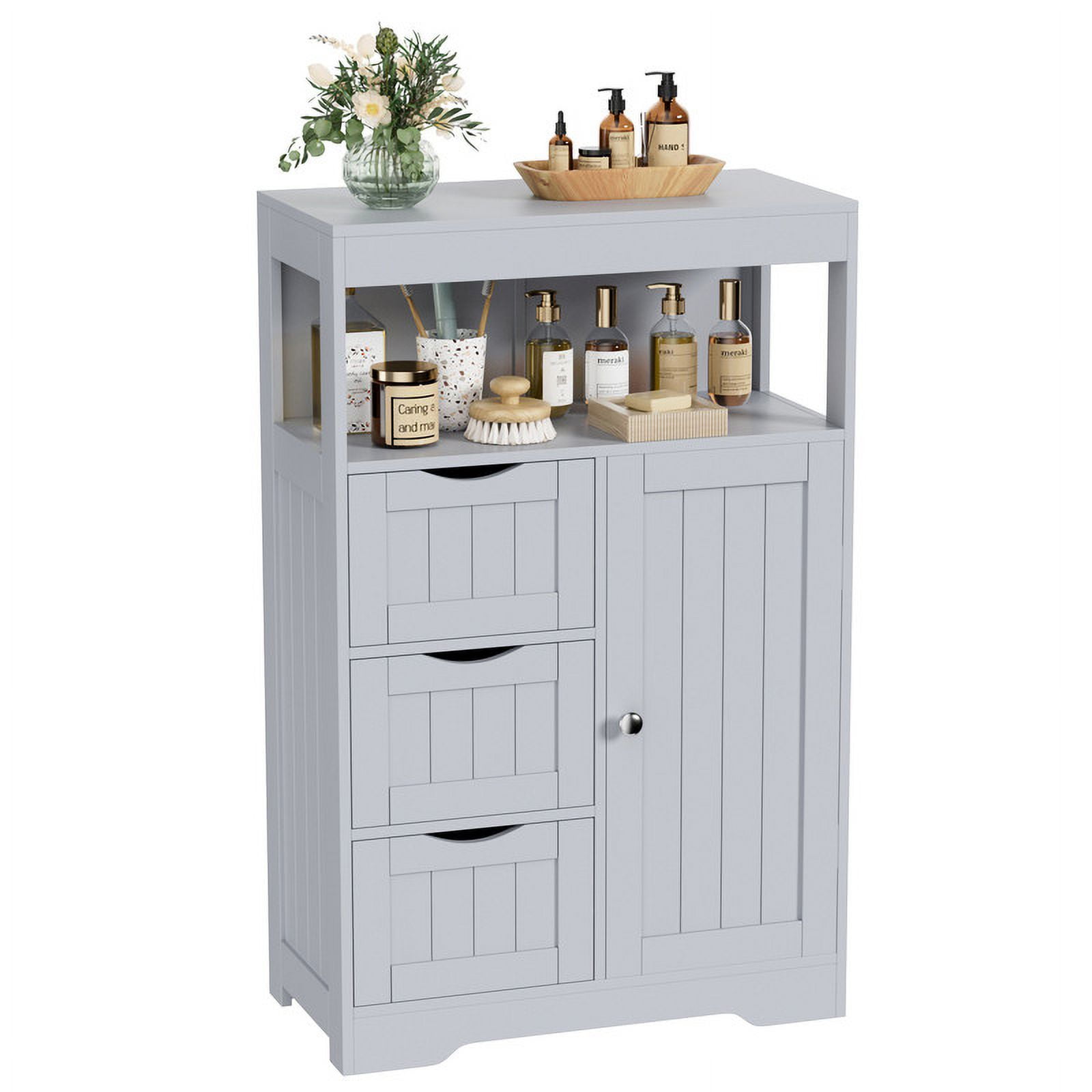 Homall Wood Bathroom Floor Cabinet with 3 Drawers and 1 Cupboard Free Standing Storage Organizer Hallway Entryway Cabinet for Living Room Kitchen, Gray