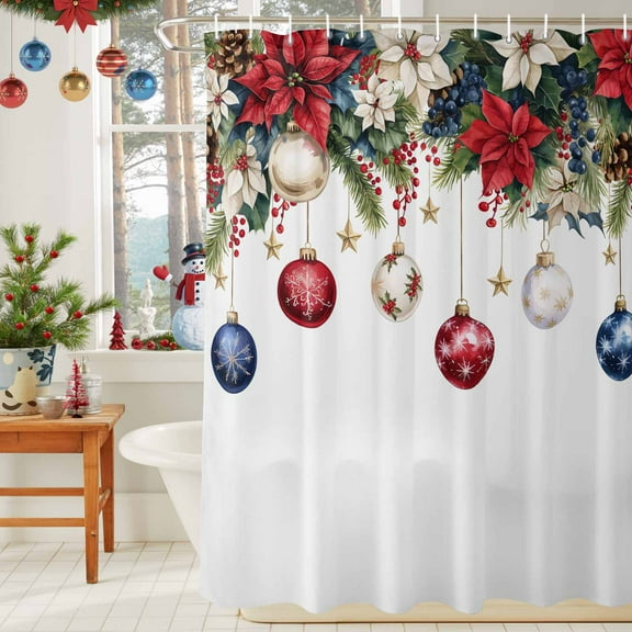 Shower Curtain Bathroom Set Christmas Bells Red Poinsettia Watercolor Waterproof Fabric Shower Curtains with Grommets&Hooks Pinecone Berry on White Privacy Bath Curtain for Bathtub 36x72in