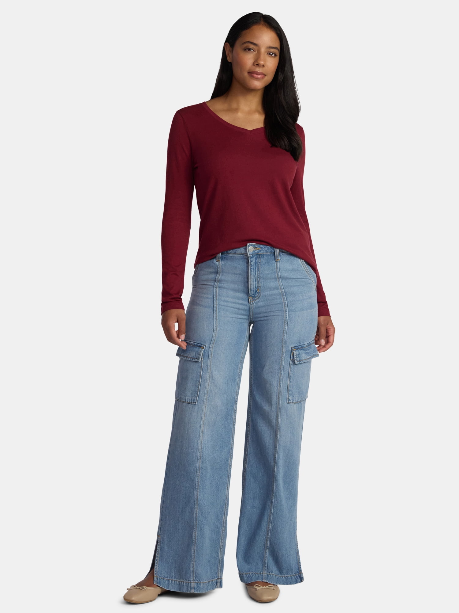 Time and Tru Women's Cotton V-Neck Tee with Long Sleeves, Sizes XS-XXXL