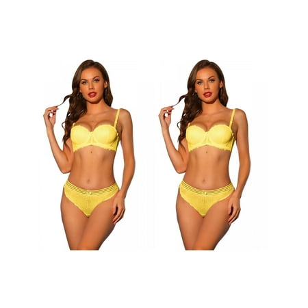 Women s Lace Balconette Bras and Panties Set Underwire Bras Padded Lingerie 2 Packs