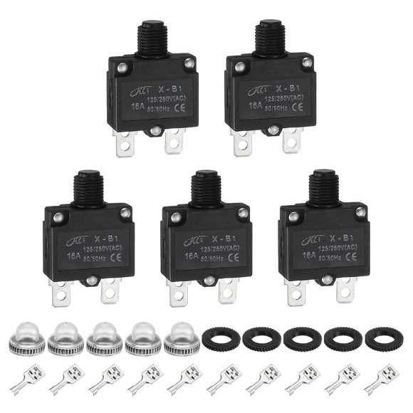 Uxcell 5PCS 16A Interruptores Automáticos Térmicos, 125/250V AC, 32V DC Protector de Sobrecarga de Botón Manual con Tapas Impermeables y Terminales de Conector Rápido