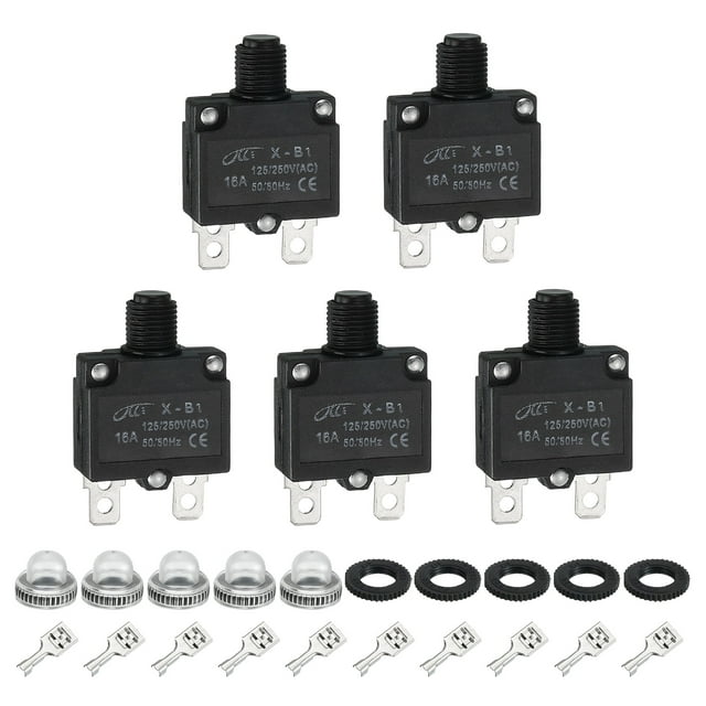 Uxcell 5PCS 16A Interruptores Automáticos Térmicos, 125/250V AC, 32V DC Protector de Sobrecarga de Botón Manual con Tapas Impermeables y Terminales de Conector Rápido