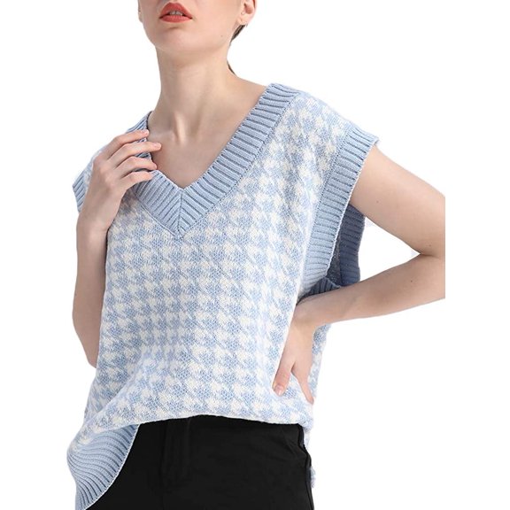 Women Houndstooth Pattern Knit Sweater Vest Sleeveless Loose V-Neck 90s Waistcoat Pullover Knitwear Top