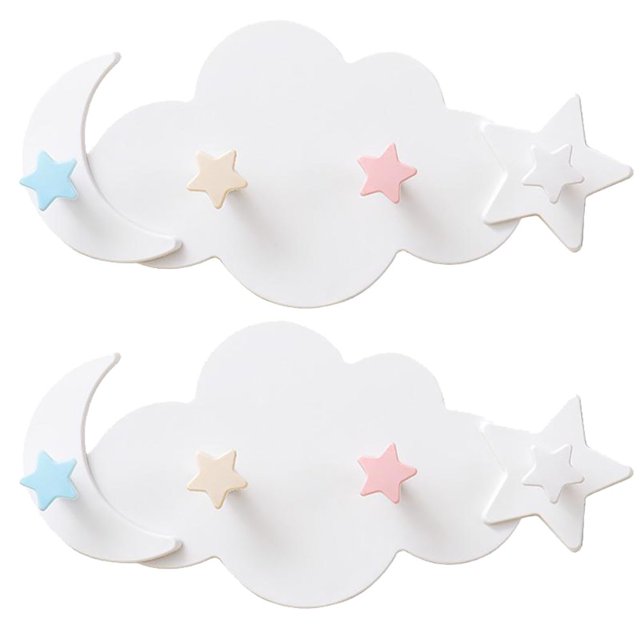 POINTERTECK 2pcs Lovely Cloud Moon Star Shaped Hooks Adhesive Wall Hangers Wall Racks (White)