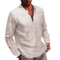 thumbnail image 2 of Camisas s Para Hombre Hombres Casual Tops Camisa Lino Rayas Cuello Camisa de manga larga Botones de Blusa superior suelta (Beige, 3XL), 2 of 6