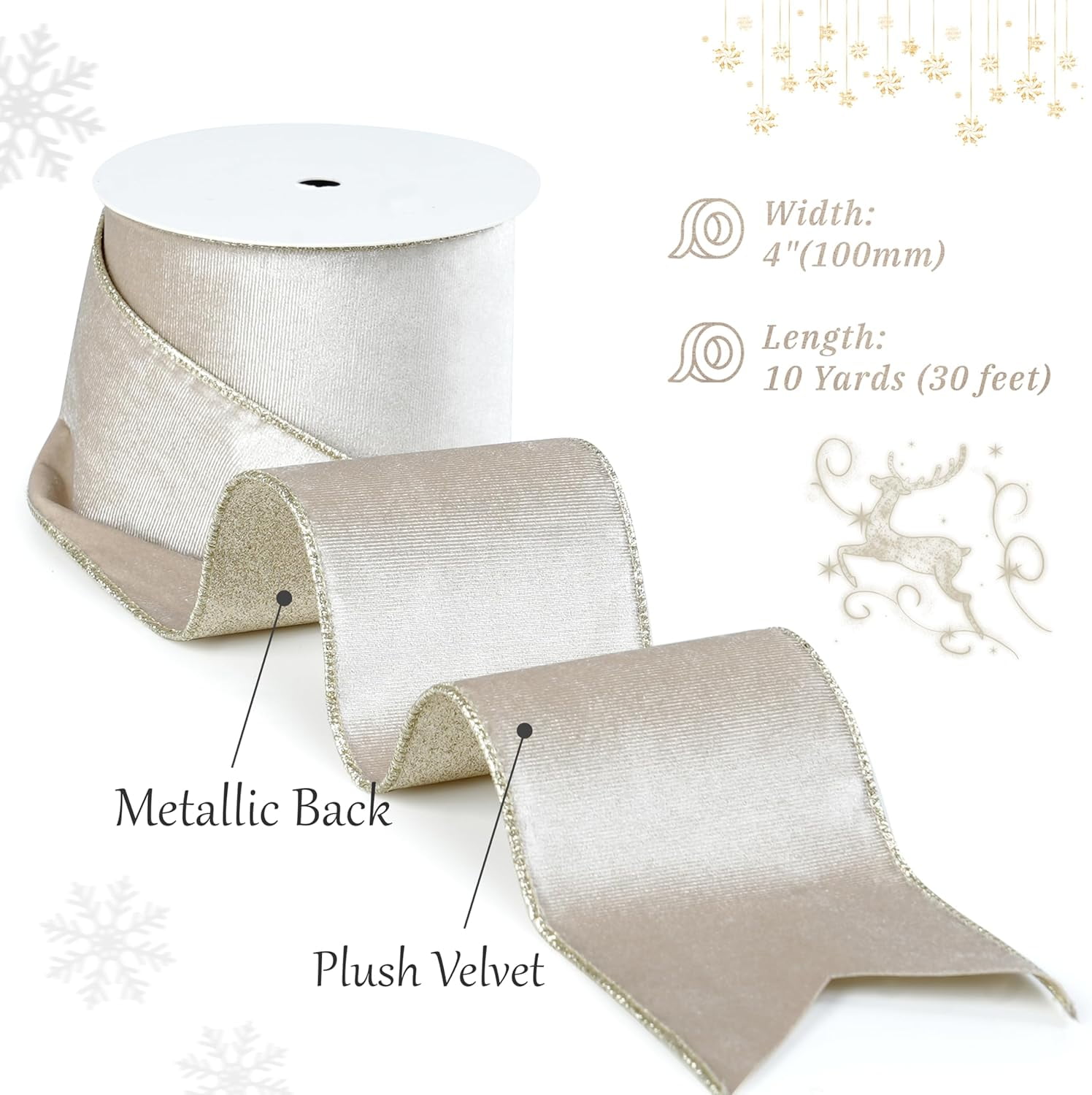 Champagne Velvet Wired Ribbon with Glitter Back 4 Inch Ivory and Gold Christmas Wired Ribbon for Christmas Tree Decorations, Gift Wrapping, Mantel, Wreaths Supplies, Topper Bows (10 Yards)