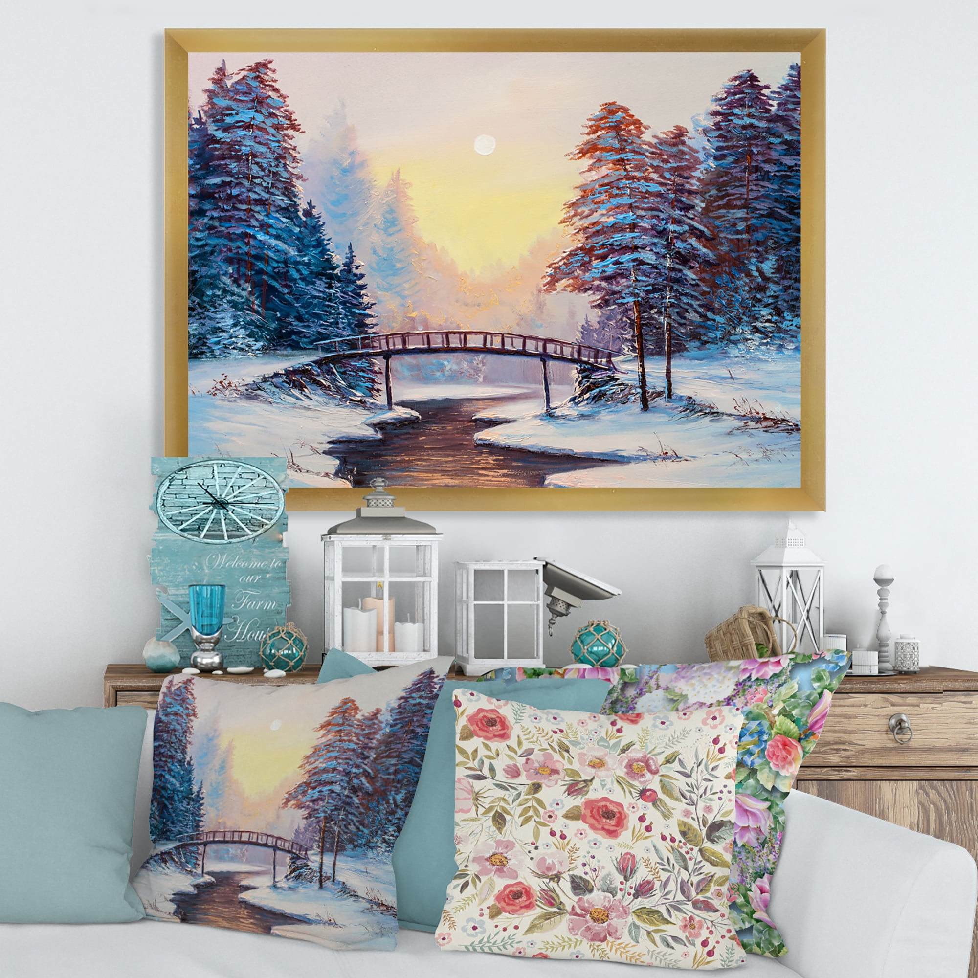 Designart 'Snow Covered Landscape and Little Bridge' Traditional Framed Art Print