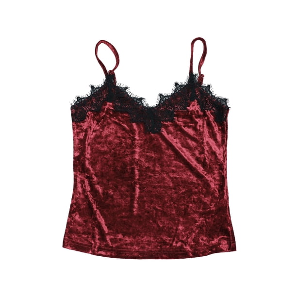 INSPIRE CHIC Tops Básicos De Tirantes Camisola Con Ribete De Encaje De Terciopelo Para Mujer Rojo S