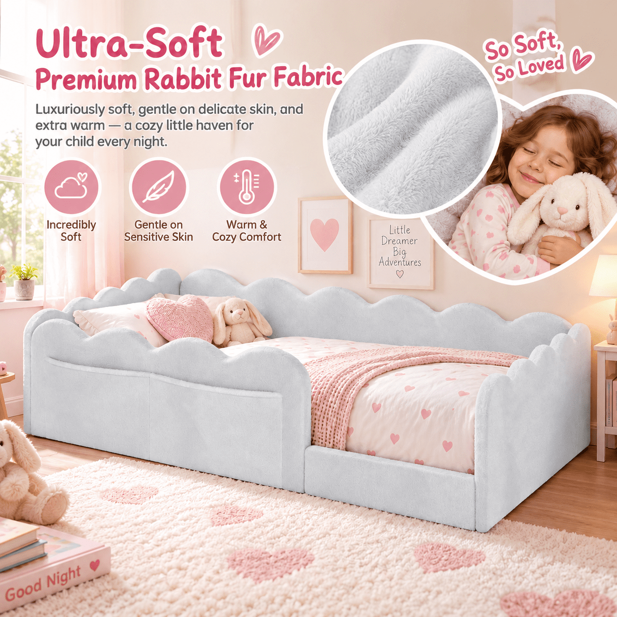 Howcool Montessori Upholstered Floor Bed with Soft Wave Guardrails,Twin Size Rabbit Plush Toddler Bed with Storage Pockets,Light Gray