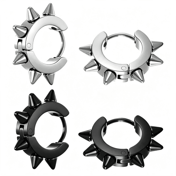 DESIGNICE 2 Pairs Stainless Steel Spike Hoop Earrings,Round Spiked Earrings for Women,Silver and Black Punk Gothic Earring for Women Men,Goth Earrings