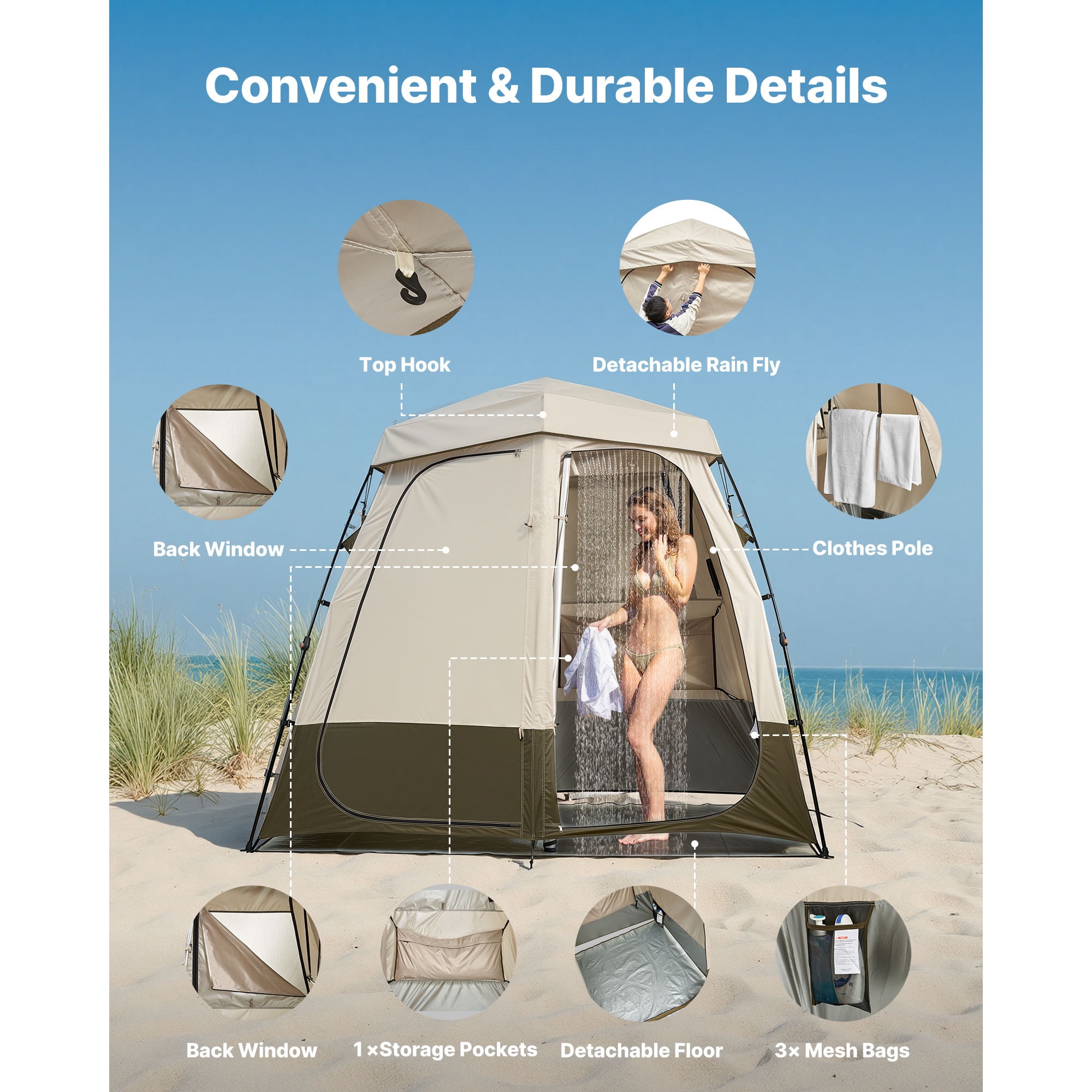 KFFKFF Portable 2-Room Privacy Tent for Camping, Foldable Changing Room with Ground Stakes, Ropes, Carry Bag, and Crossbar, Made of Durable 150D Oxford Fabric with Silver Coating