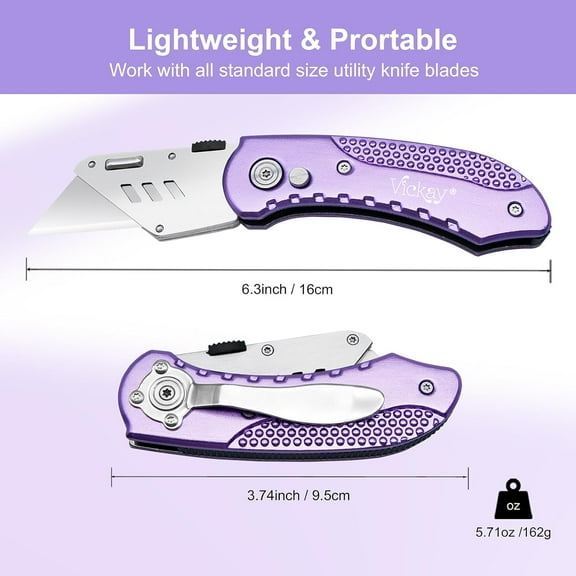 DASAW-Folding Utility Knife, Box Cutter with 5 SK5 Quick Change Blades, Safety Axis Lock Design Razor Knife, Lightweight Aluminum Handle Belt Clip for Office Home Artcraft （Light Purple)