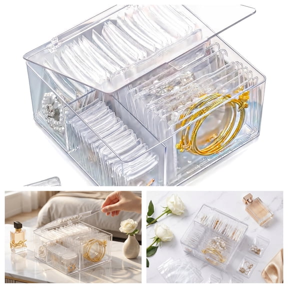 4 in 1 Acrylic Jewelry Organizer Box with 60 Anti-Tarnish Bags - Clear Travel Storage Case for Earrings, Rings, and Necklaces