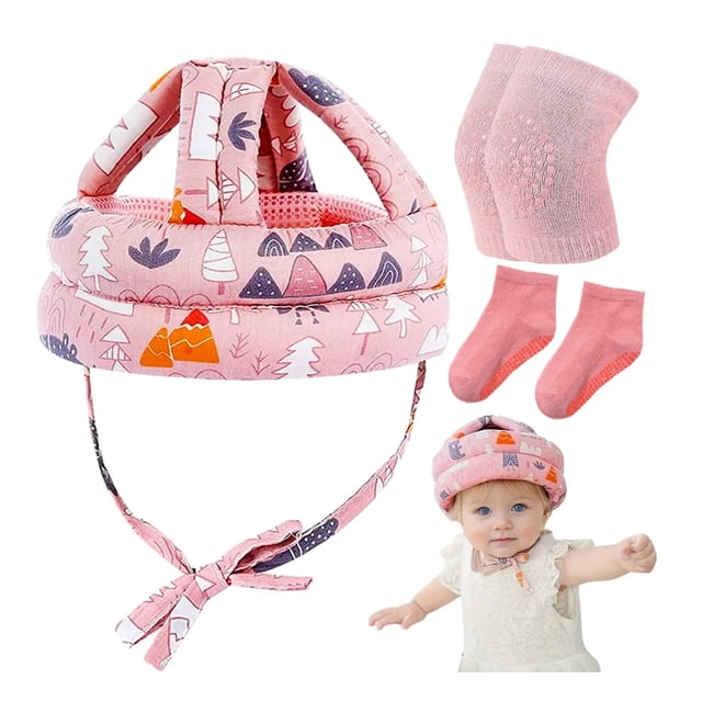 Cascos Para Bebes Antigolpes Seguridad Bebes + Rodilleras Modelo Rosa
