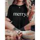 thumbnail image 1 of Camiseta informal de cuello redondo para mujer con estampado "Merry", manga corta a la moda, tejido de algodón, elasticidad media, comodidad para todo el año, ideal para el tiempo libre., 1 of 6