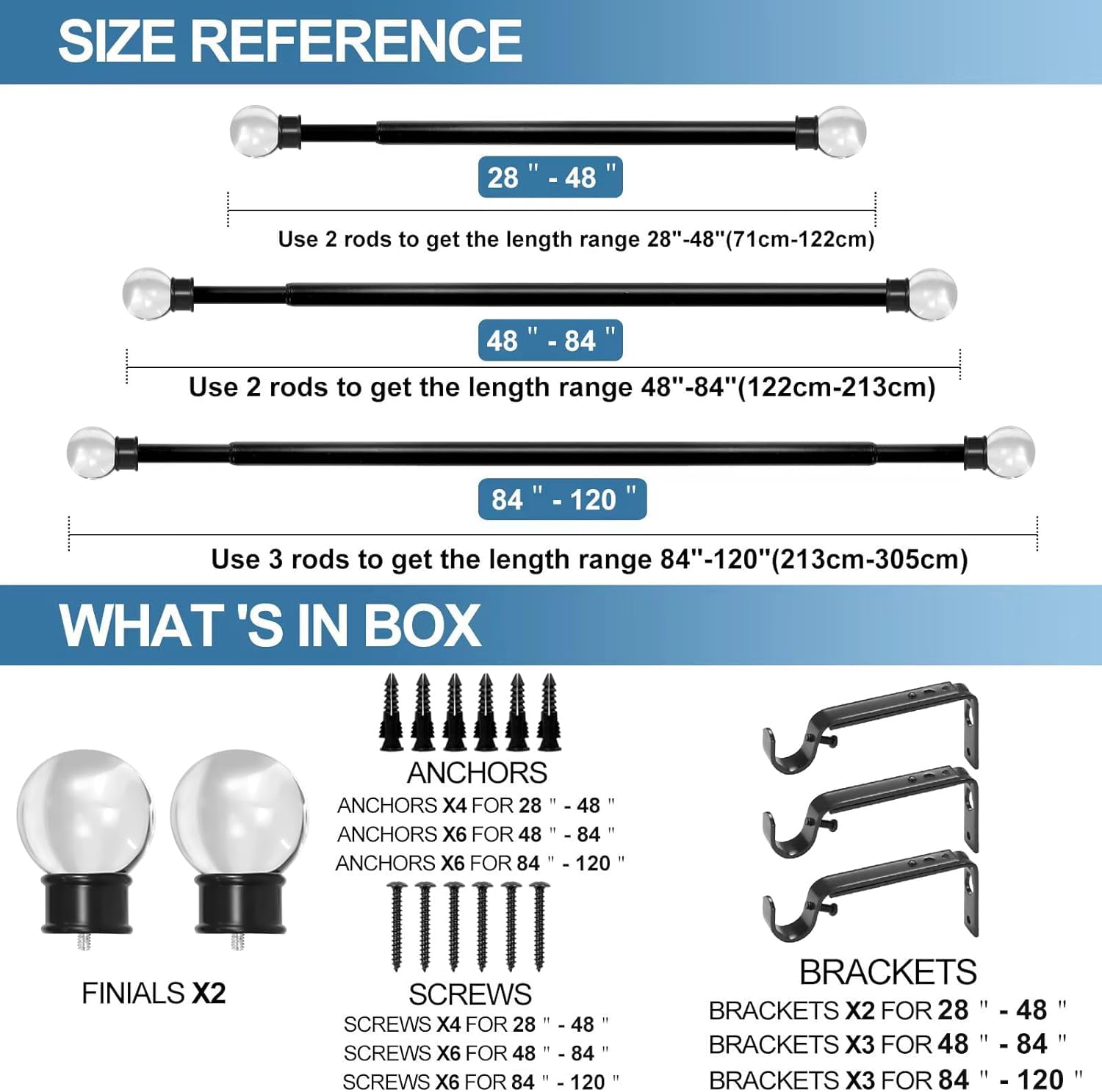 Urbanest Adjustable Single Curtain Rod Set Crystal Ball Finials – 1 -Inch Diameter, With Black Rod, 84–120 Inches