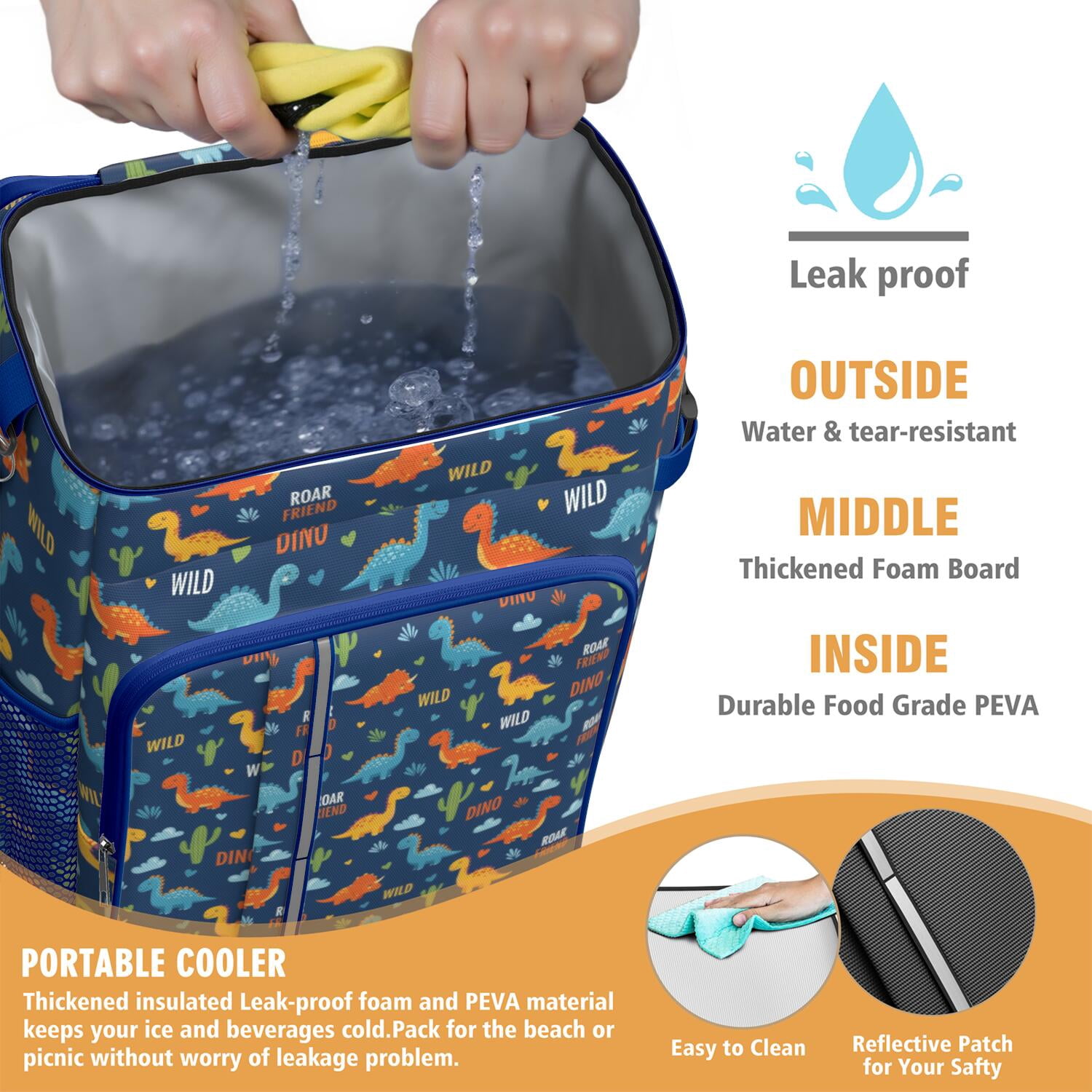 Travel Cooler Bag - Blue Dinosaurs with Clouds and Text Camping Beer Cooler Backpack with Bottle Opener- Waterproof Insulated Picnic Backpacks - Cooler Bag for Beach